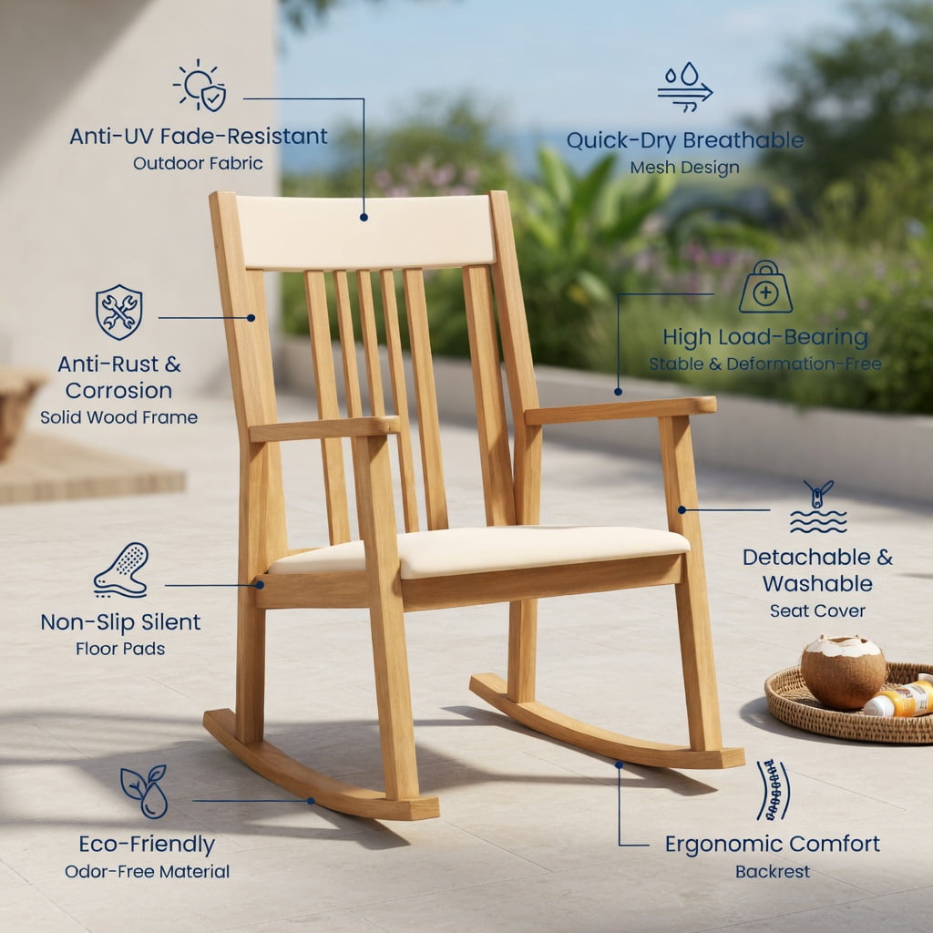Hommoo Rubber Wood Rocking Chair with Slatted Back, Curved Armrests & Linen Upholstery, Ergonomic Indoor/Outdoor Relaxation Chair, Natural