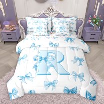 Homewish Cartoon Monogrammed R Bedding Comforter Set 7 Pieces for Teens, Watercolor Bow-tie Full Bedding Set, Blue Kawaii Letter Reversible Fitted Sheet Flat Sheet, Breathable Home Decor