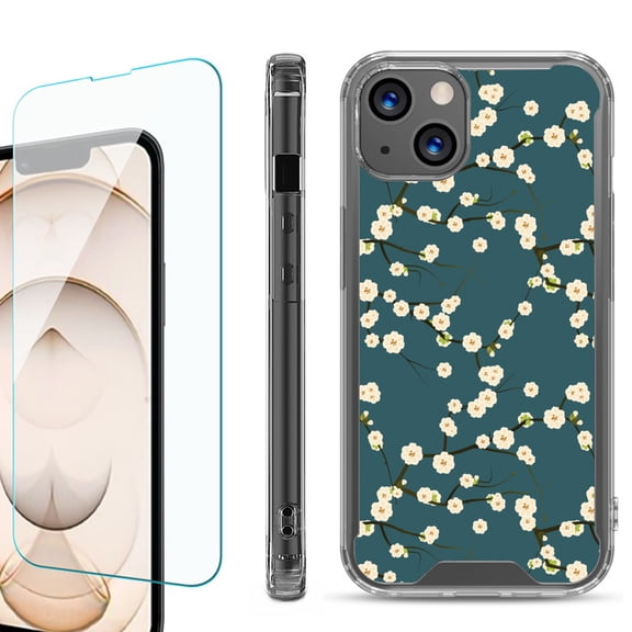 Shockproof Bumper Phone Case for iPhone 13, with Tempered Glass Screen Protector, by OneToughShield ® - Blossom Green