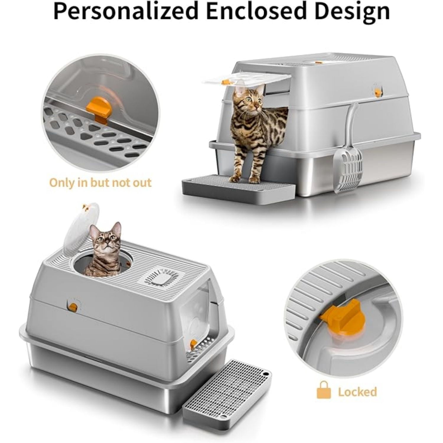 Stainless Steel Cat Litter Box with Lid, XL Large Enclosed High Sided Litter Box with Removable Lid, Carbon Filters -Odor Free, Easy Cleaning, Anti-Urine Leakage for Big Cats/Multiples-Grey