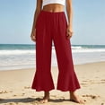 thumbnail image 3 of Bloomae Women's Wide Leg Linen Capri Pants Elastic High Waist Ruffle Hem Casual Loose Cropped Trousers Solid Color Lightweight Daily Lounge Capris with Pockets, 3 of 10