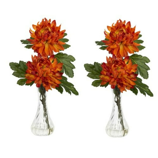 Mum Silk Flower Arrangement with Bud Vase, Orange, 2pc