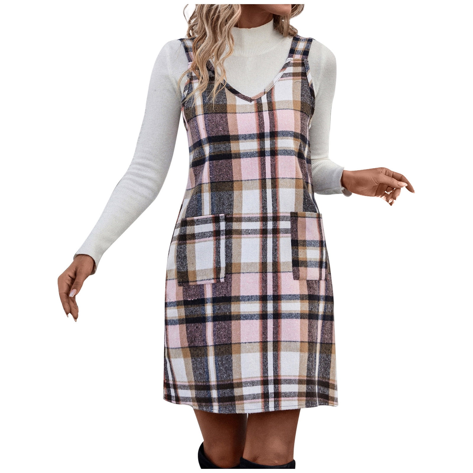 AherBiu Flannel Dress for Women Suspender Sleeveless Plaid Short