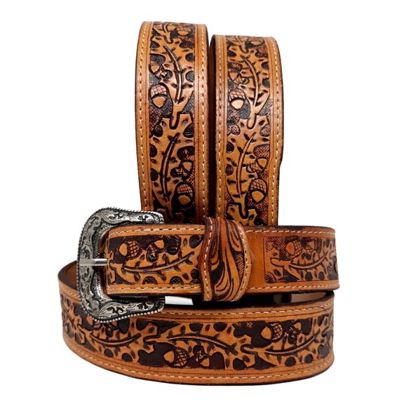40" Challenger 1-3/4" Tapered Western Leather Belt – Oak Leaf Tooled Design, Acorn Pattern, Antique Finish, Engraved Buckle 26RT16T