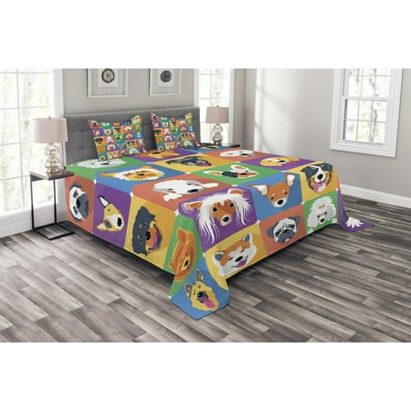 Dog Bedspread Dog Bedspread Set, Dog Breeds Profiles Pets Shepherd Terrier Labrador Domestic Animals Illustration, Decorative Quilted Coverlet Set with Pillow Shams Included, Purple Green, by Ambesonne ()