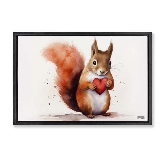 Stupell Industries Squirrel Holding Heart Animals & Insects Painting Black Floater Framed Canvas Art Print Wall Art, 25 x 17