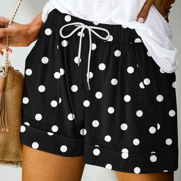 QUNYINEY Womens Shorts High Waist Polka Dot Casual Bermuda Shorts Drawstring Elastic Waist Relaxed Fit Summer Shorts
