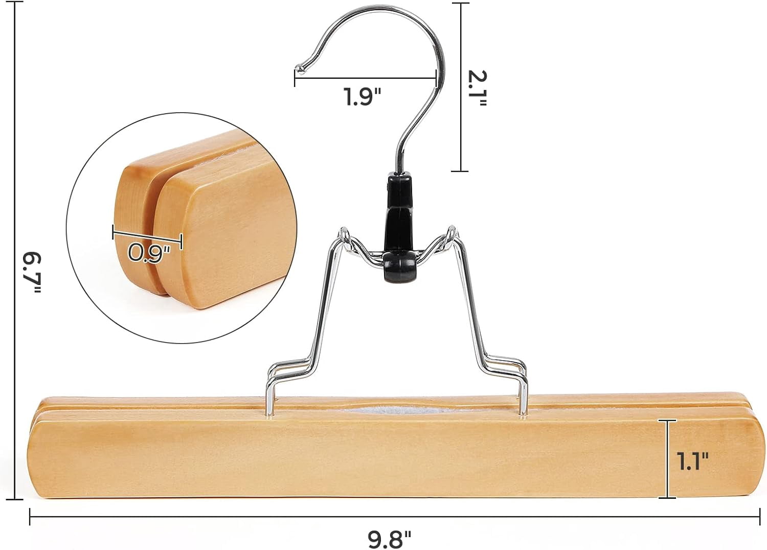 12 Pack Wooden Pants Hangers, Premium Solid Wood with Non-Slip Felt, Hold Pants Tightly, Smooth Finish Wood Skirt Hangers, with 360° Swivel Hook