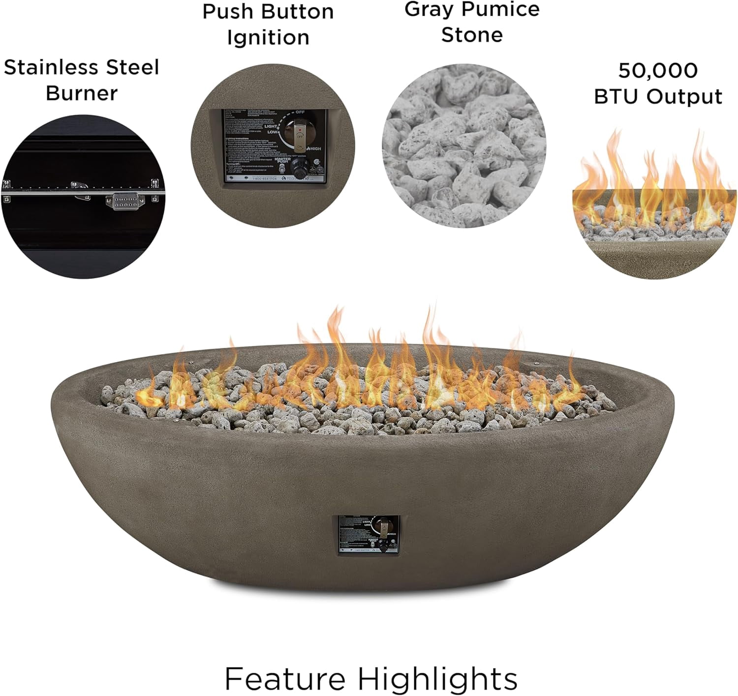 Real Flame Riverside 58" Oval Concrete Propane Fire Pit in Glacier Gray