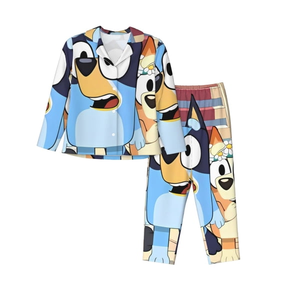 Saiise Bluey Print Women Soft Pajama Sets,Long Sleeve Sleepwear Button Up 2-Piece Pjs Lounge Sets-Medium