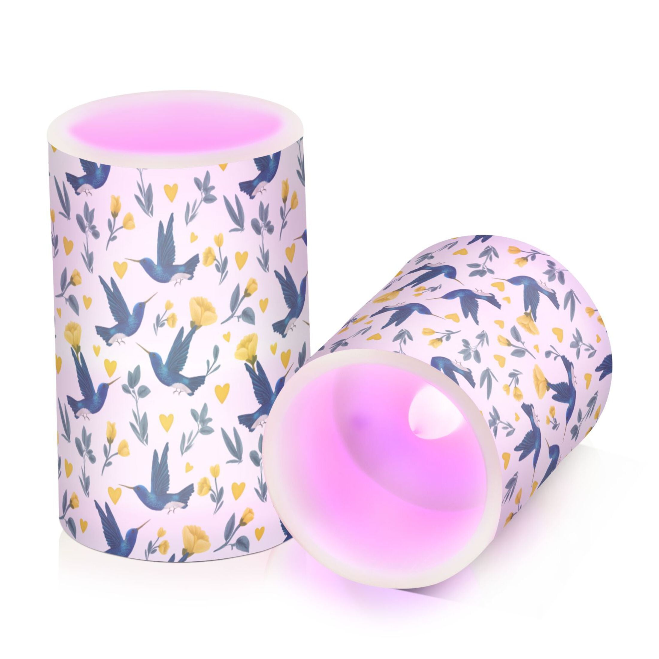 Blue Hummingbirds and Yellow Hearts Pattern Flameless LED Candle Set with Remote, Battery Operated Color Changing Pillar Candles, Set of 2
