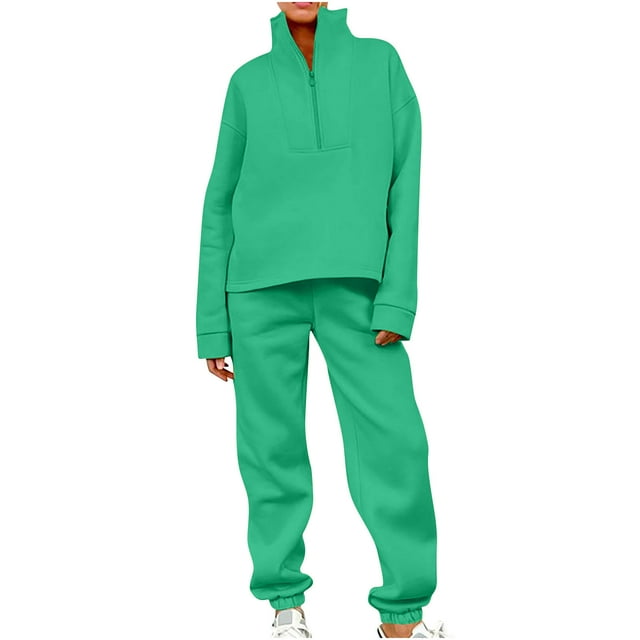Timegard Ensembles 2 Pcs pour Femmes Col à Revers Fermeture Éclair Haut à Manches Longues Pantalon de Course Tenues Athlétiques d'Automne
