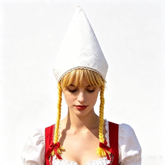 Oktoberfest Cone‑Shaped Costume Hat, White Pointed Hat With Twin Braids And Red Bows For Festival Fancy‑Dress Celebration