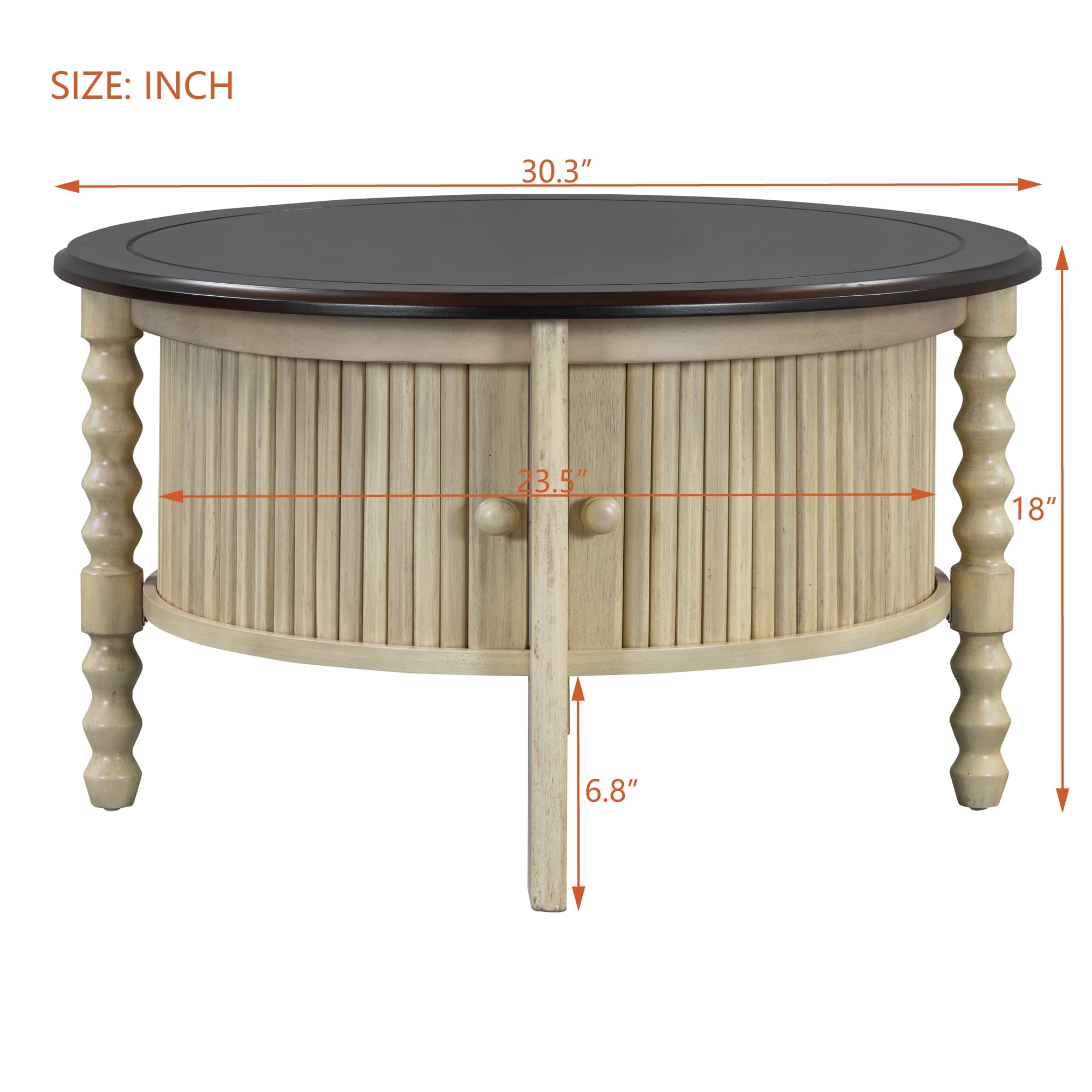 Vintage Round Coffee Table with Sliding Door, Antique Accent Table for Small Space Bedroom Living Room