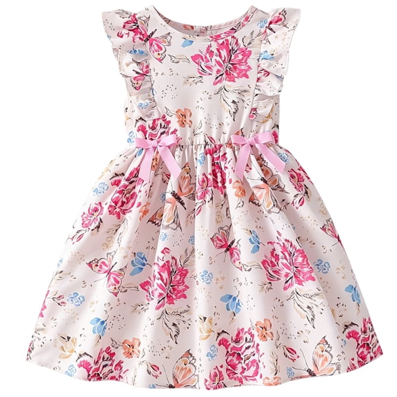 IPIO Girls Floral Butterfly Print Dress with Ruffle Sleeves and Bow Accents, Summer A-Line Party Dress