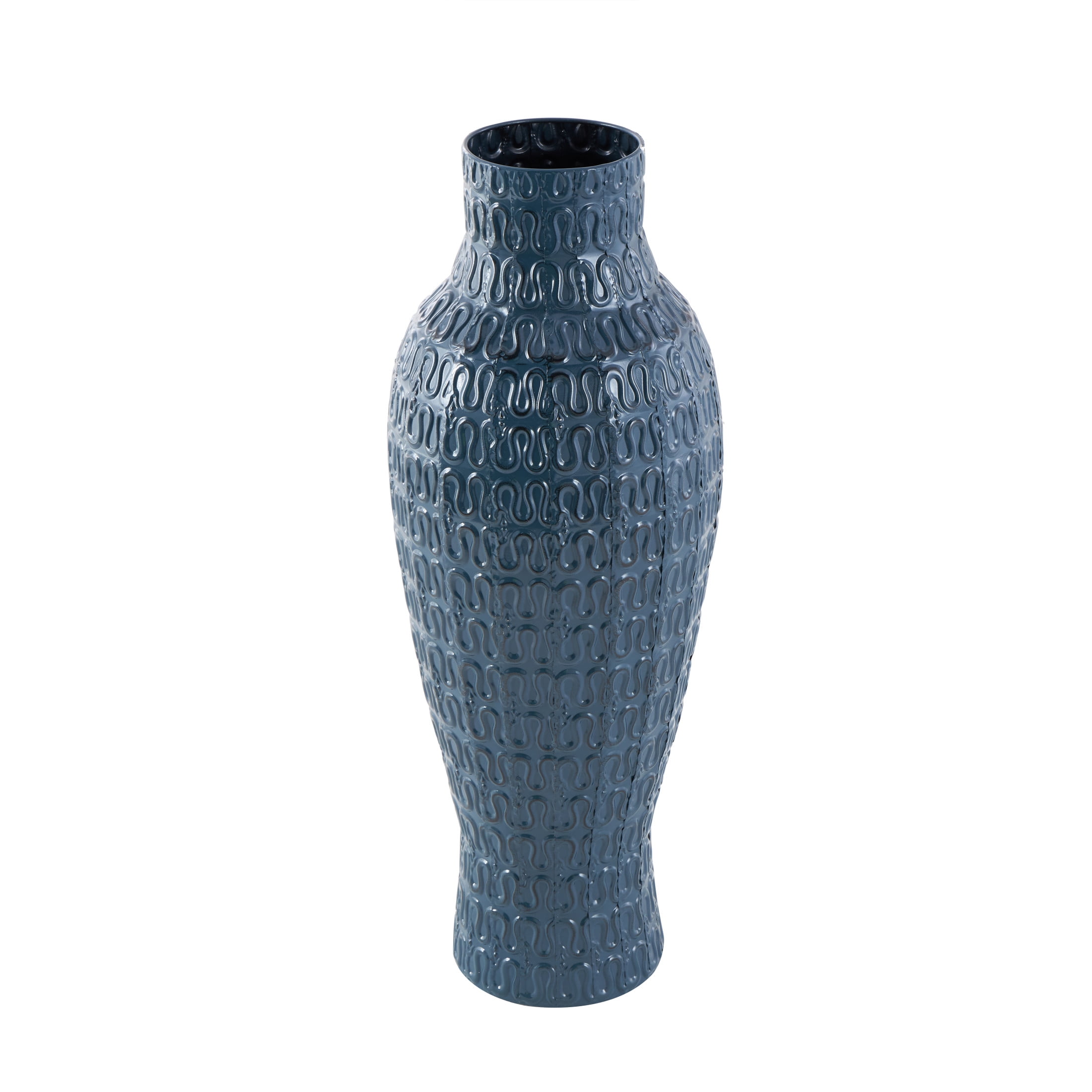 DecMode 24" Dimensional Textured Dark Blue Metal Vase with Wavy Pattern