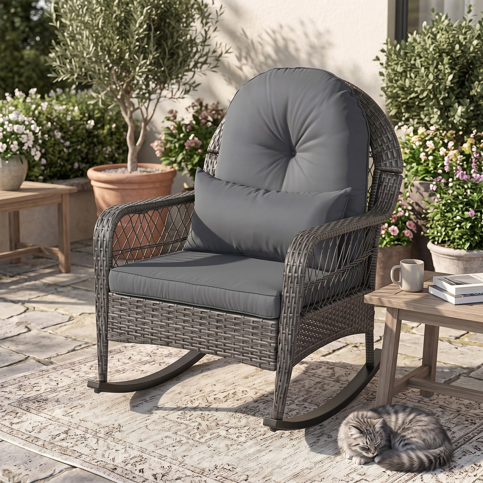Furnibear 400 LBS Patio Rattan Rocker Chair, Outdoor Glider Rocking Chair with Anti-Tip Stoppers, Thick Seat & Lumbar Cushions, Ergonomic PE Wicker Porch Chair, Gray