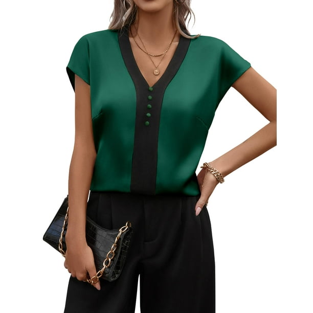 Blusa Fayenne para mujer, elegante, casual, cuello en V, satén de seda,  verde oscuro