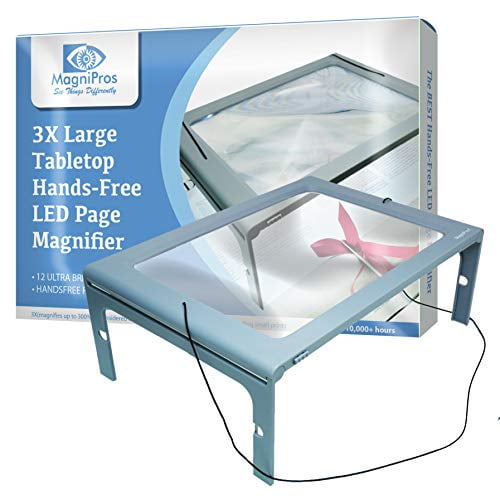 3X Large Full Page Magnifier with 12 LED Lights[Provide Evenly Lit Viewing  Area], Foldable Flip-Out Legs, Dual Power Supply Modes- Ideal for Hands  Free Reading, Low Vision, Seniors with Aging Eyes -