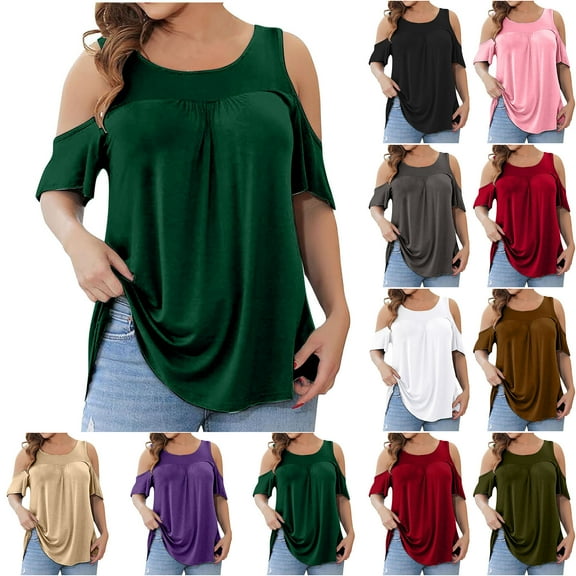 Jewelreauty Women Plus Size Cold Shoulder Tops Short Sleeve Round Neck Tunic Tees Summer Casual Blouses (L, Green)