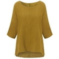 thumbnail image 2 of T-Shirt Femme Couleur Unie Haut Décontracté Col Rond Manches Courtes Blouse en Lin, Jaune, 4TG, 2 of 8