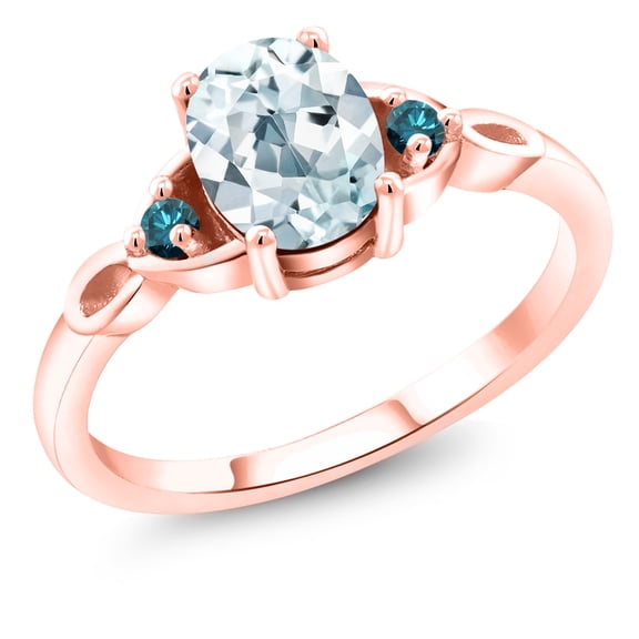 Gem Stone King 18K Rose Gold Plated Silver Sky Blue Aquamarine and Blue Diamond 3-Stone Rings for Women (1.27 Cttw, Gemstone March Birthstone, Oval 8X6MM, Size 8)