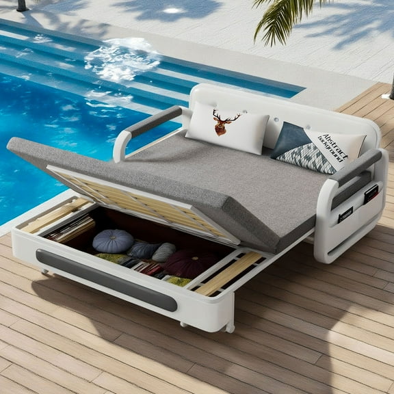 NessCarsti Outdoor Sofa Daybed with Pull-Out Trundle, Convertible Sleeper Couch for Patio or Balcony, 34.6" D x 62.2" W x 34.2" H, Gray/White