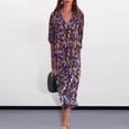 thumbnail image 4 of Women Fall Spring Dress V Neck Three Quarter Puff Sleeves Printed Loose Retro OL Commuting Dating Midi Dress, 4 of 7
