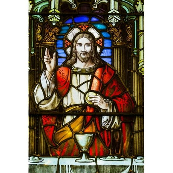Posterazzi DPI12284623 Close Up of Stain Glass Window with Jesus Christ At A Table with Chalice & Holding Bread - Calgary Alberta Canada Poster Print by Michael Interisano, 12 x 19