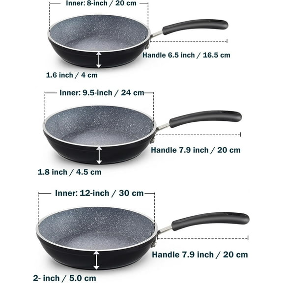 8/10/12" Nonstick Frying Saute Pan Set with Induction Compatible Bottom, Black
