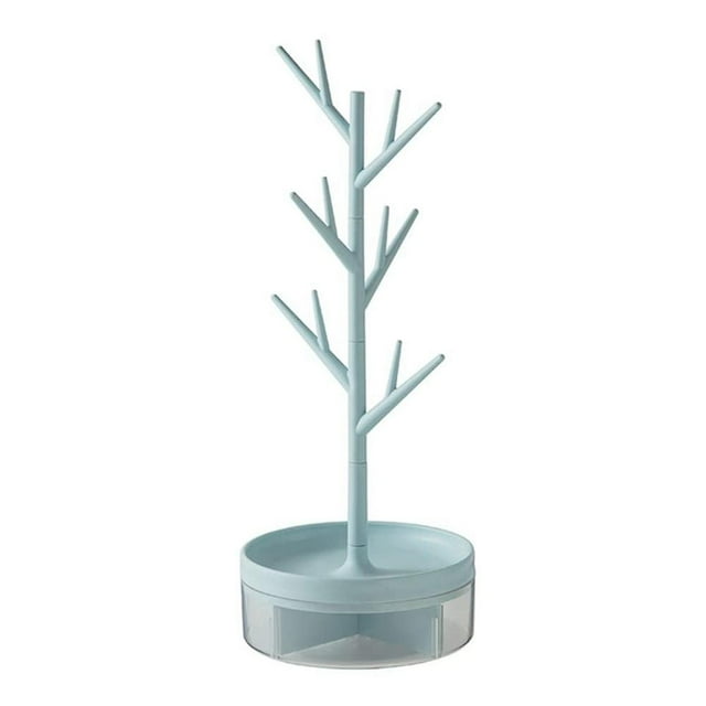 Estante para joyas en forma de rama con base giratoria y caja de almacenamiento, organizador colgante en forma de torre con forma de árbol, azul, azul