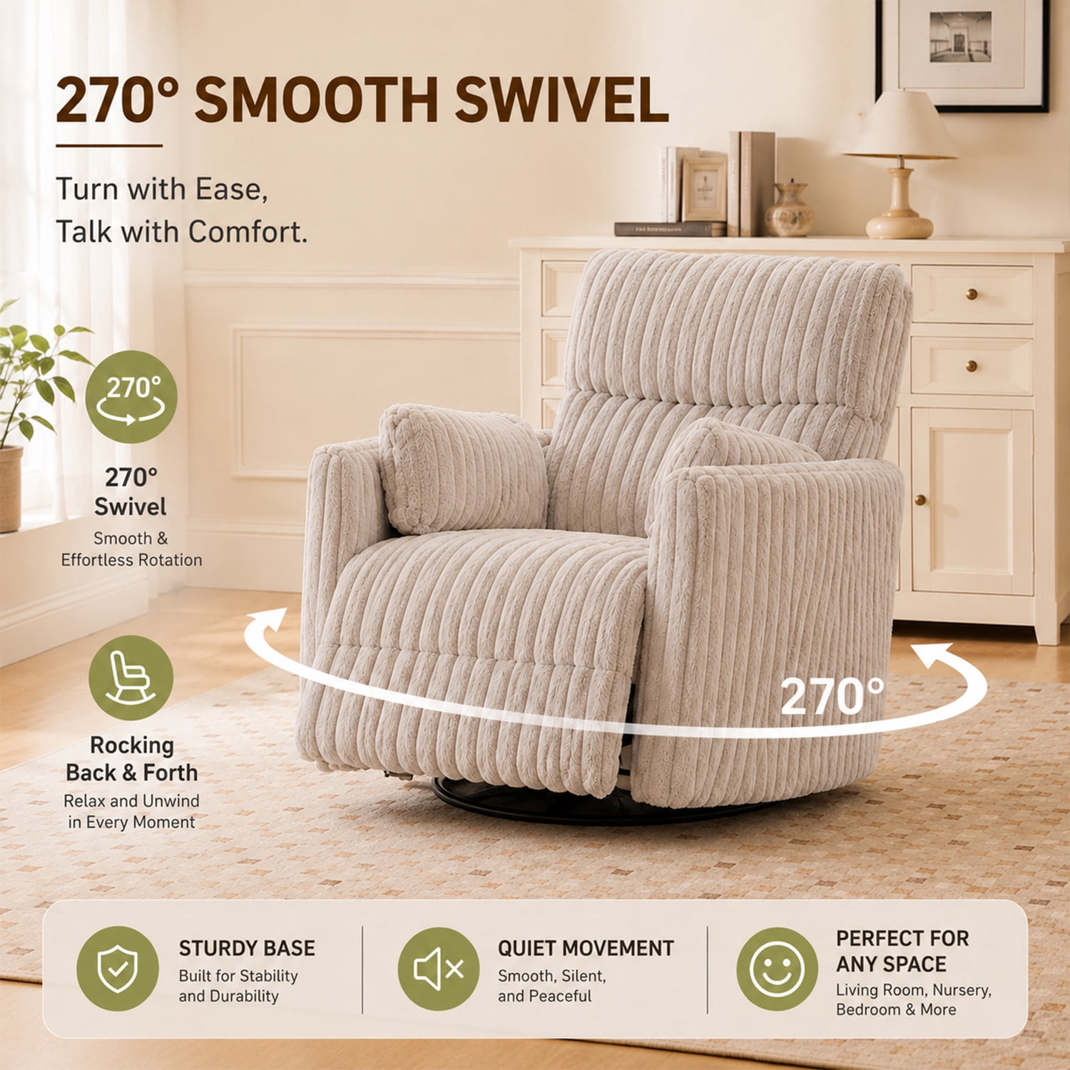 Power Swivel Glider Recliner Chair with 2 Pillows,USB & Type-C Ports,Plush Corduroy Upholstery Rocking Nursery Reclining Chair for Living Room Faux Fur Ivory