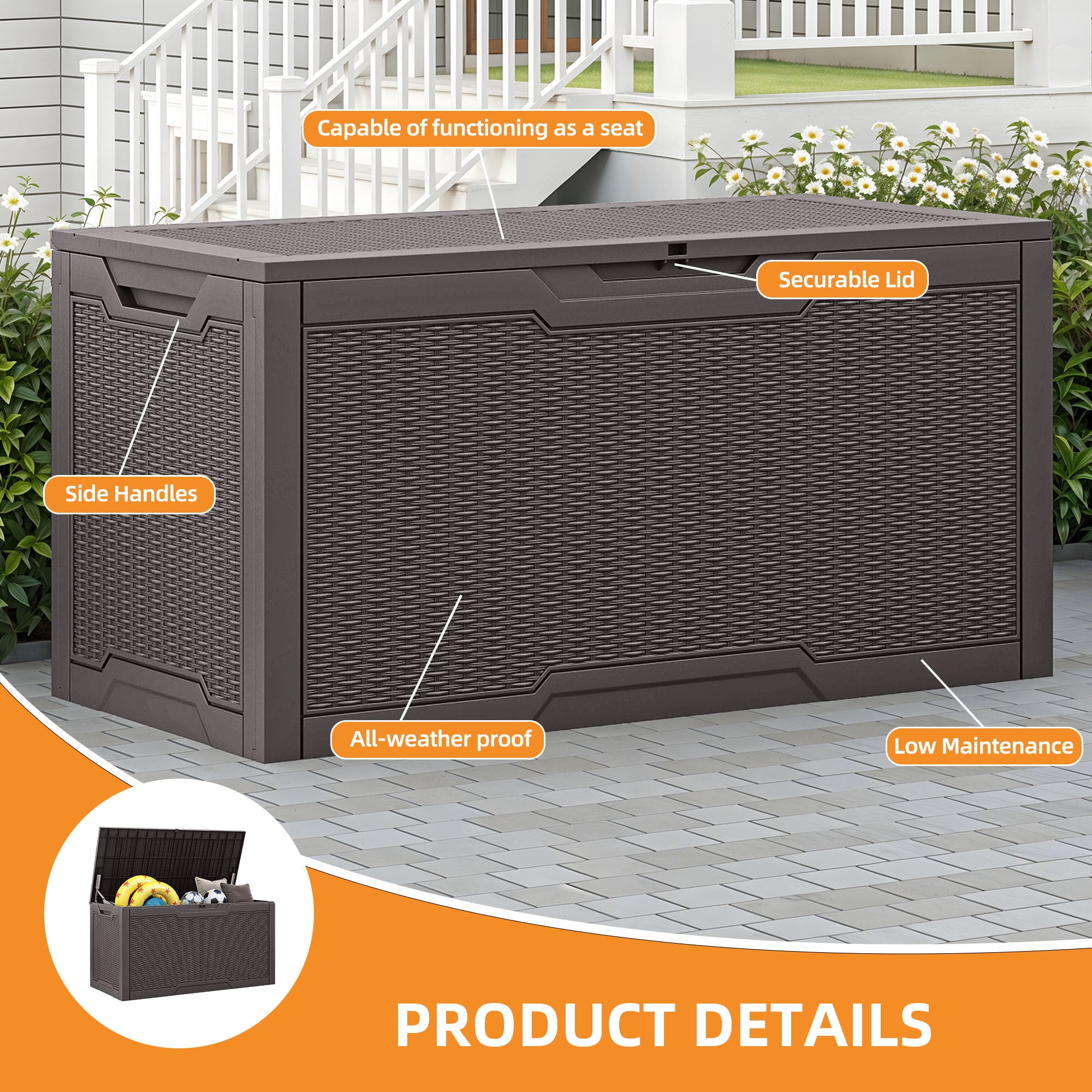 Uforic 100 Gallon Resin Deck Box, Weather Resistant Lockable Outdoor Storage Box for Patio Supplies and Daily Essentials, Dark Brown