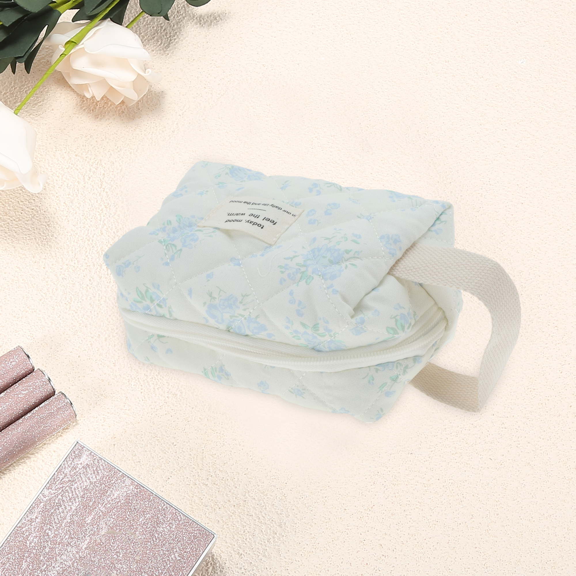 Unique Bargains 1Pc Durable Rose Floral Print Storage Makeup Bag for Vacation Blue