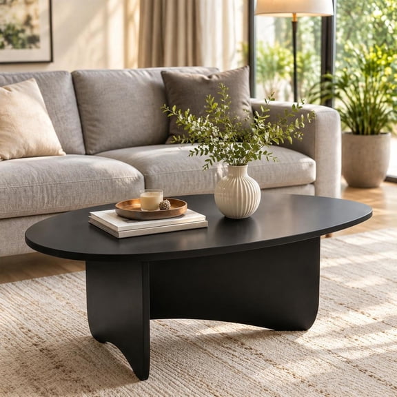 Oval Coffee Table, Mid Century Modern Accent Table, Low Profile Wooden Center Table, Black