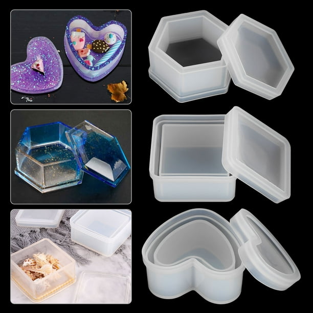 Eeekit 3pcs Silicone Resin Molds With Lid Jewelry Storage Box Casting Heart Hexagon And Square Shape Pendant Diy Art Craft Tools Set For Beginners - Diy Resin Casting Mold