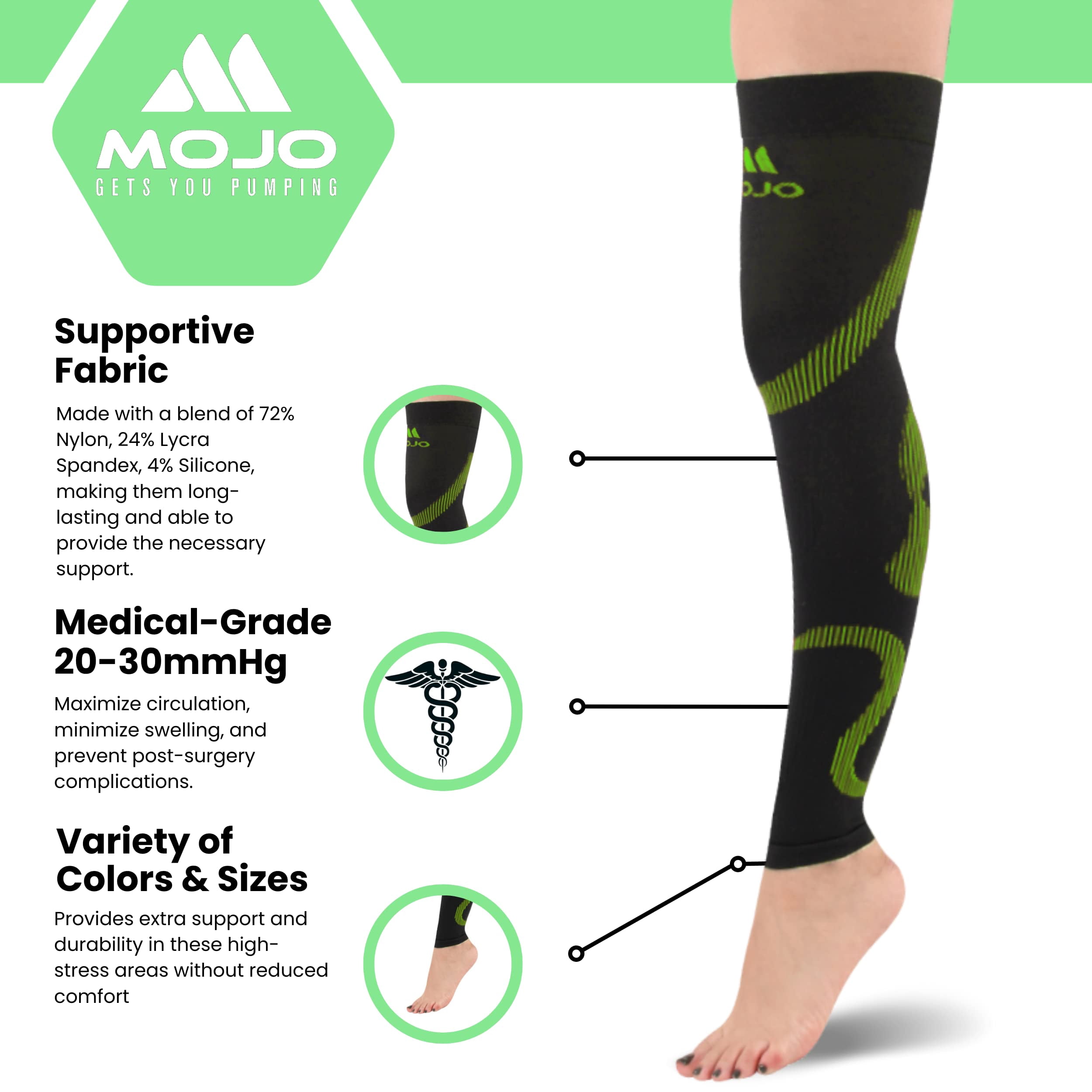 Opaque Unisex Footless Compression Thigh High 20-30mmHg - Black/Green, Large