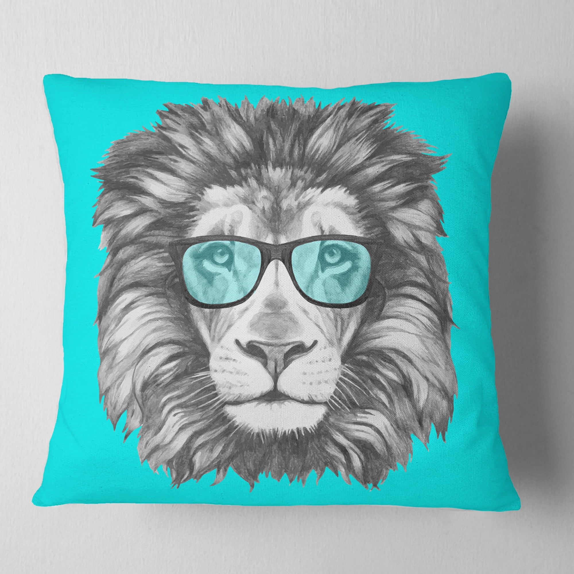 Designart Funny Lion with Blue Glasses - Animal Throw Pillow - 16x16