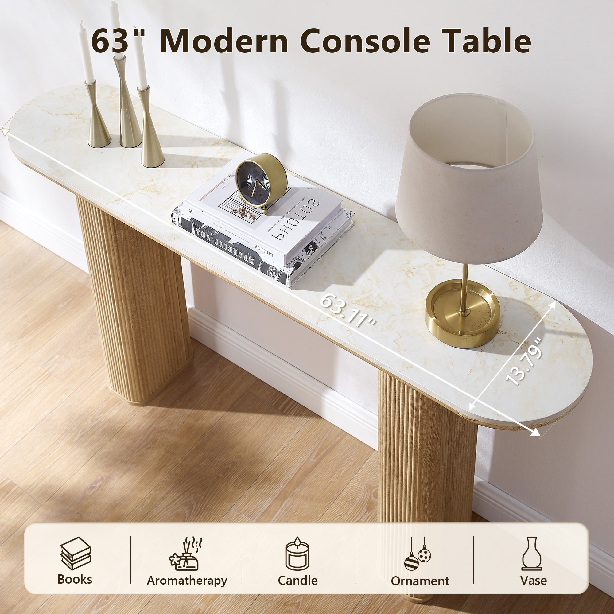 KeyWhat 63" Entryway Console Table with Fluted Wood Base, Modern Sofa Table Behind the Couch for Living Room, Hallway, Entrance, Foyer, Natural Oak
