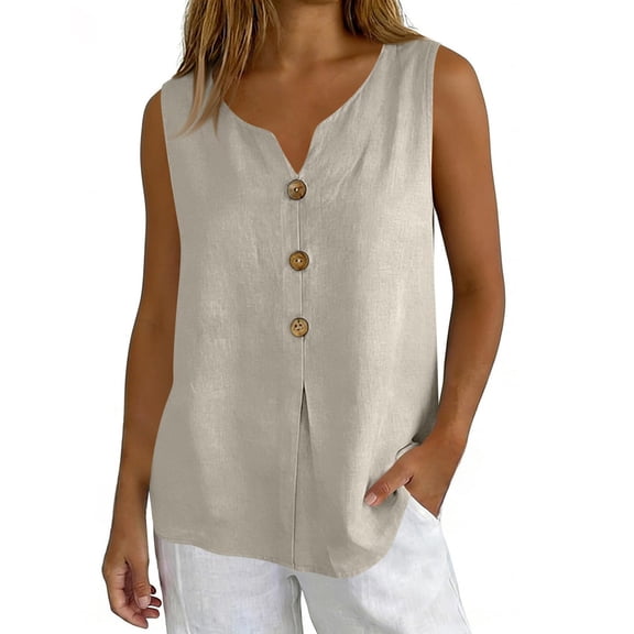 Womens Tank Tops Cotton Linen V Neck Sleeveless Loose Fit Beige Tank Tops for Women