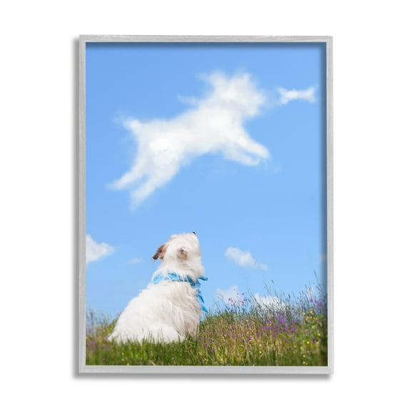 Stupell Industries White Dog Watching Shaped Clouds Chasing Bone Graphic Art Gray Framed Art Print Wall Art, Design by Michael Quackenbush