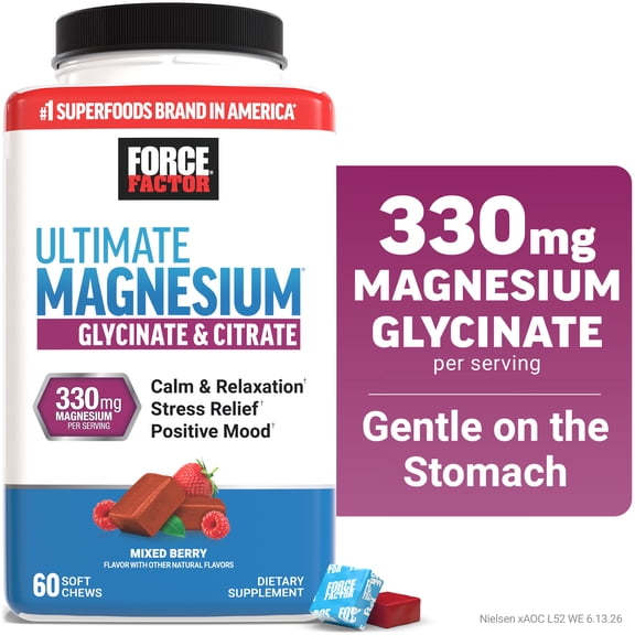 Force Factor Ultimate Magnesium, 330mg Magnesium Glycinate & Citrate to Promote Calm & Relaxation, Vegan & Gluten Free, Mixed Berry, 60 Soft Chews