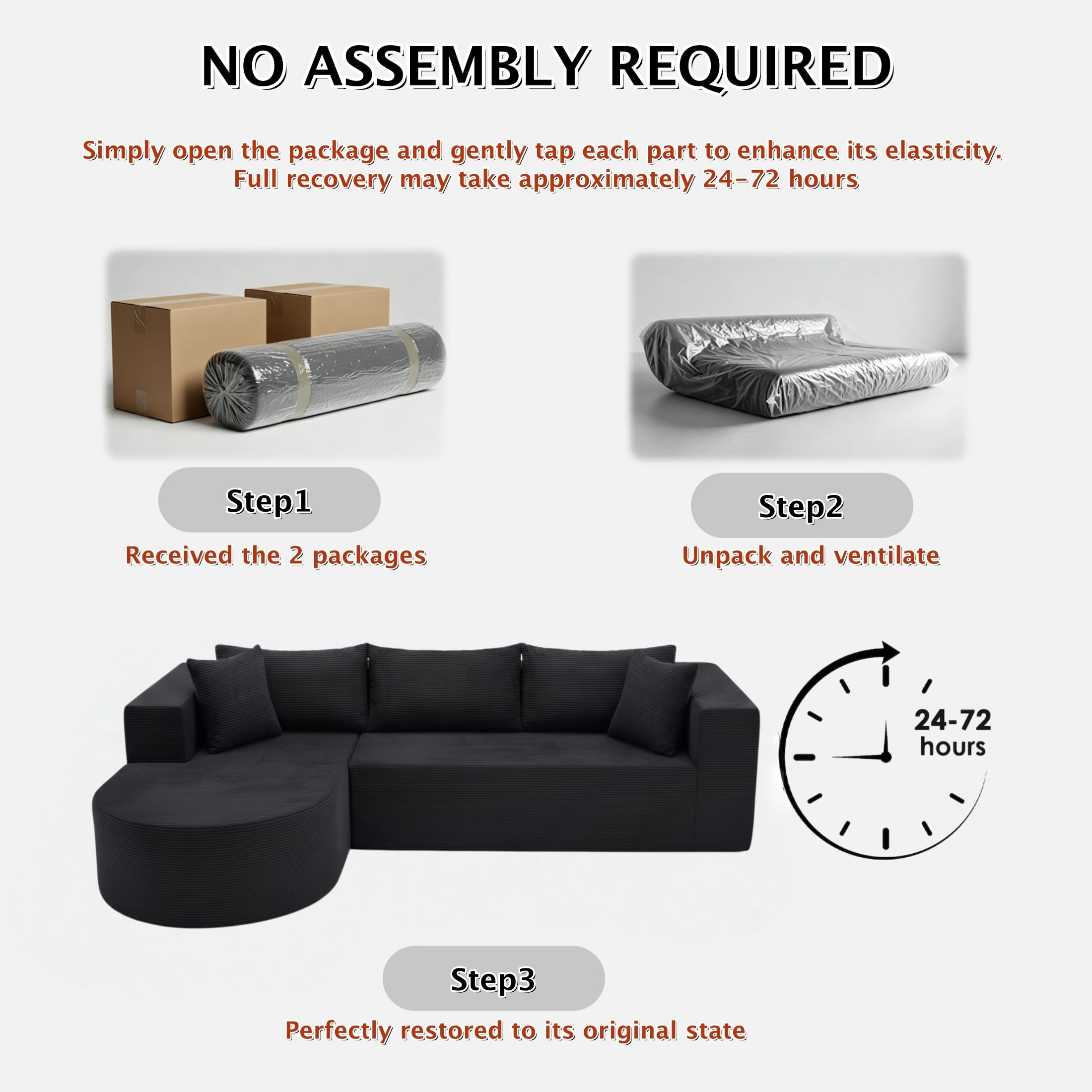 ShiKeyi 105" Modular L-Shaped Cloud Sofa, 3-Seater Corduroy Sectional Couch with Deep Seats Chaise, Soft Boneless Design for Living Room, Black (Right)