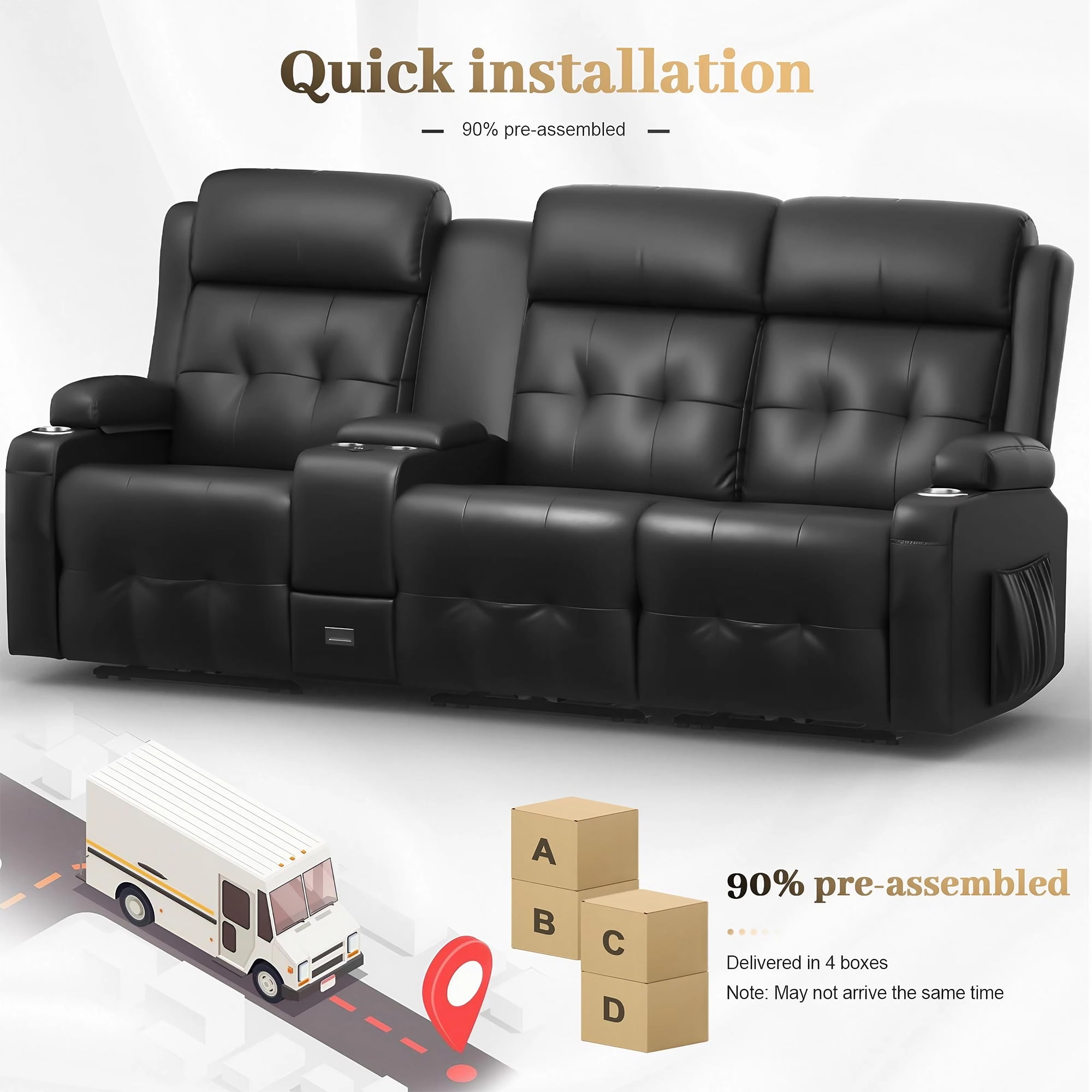 LOBERFVE Recliner Sofa, Massage Reclining 3 Seater Sofa Sets, RV Loveseat Recliner with Console, USB, Type C Port, Storage, Cup Holders, Wall Hugger Chair for Living Room, Black