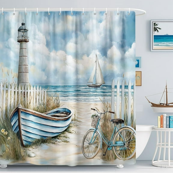 Nautical Lighthouse Shower Curtain Coastal Beach Decor, Seasides Sailboat Bicycle Seascape Ocean Abstract Blue Teal with Hook-60"W x 72"L (Pack of 1)