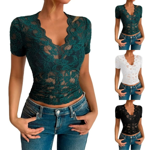 Olyvenn Mesh Top for Women Short Sleeve Crew Neck Fitted Top Solid Floral Lace Tee Shirts V Neck Sheer Blouses Black L