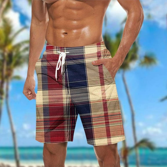 WAENQINLA Bermuda Shorts for Men Big & Tall Lightweight Elastic Waist Plaid Shorts Summer Beach Shorts Casual Shorts 2025