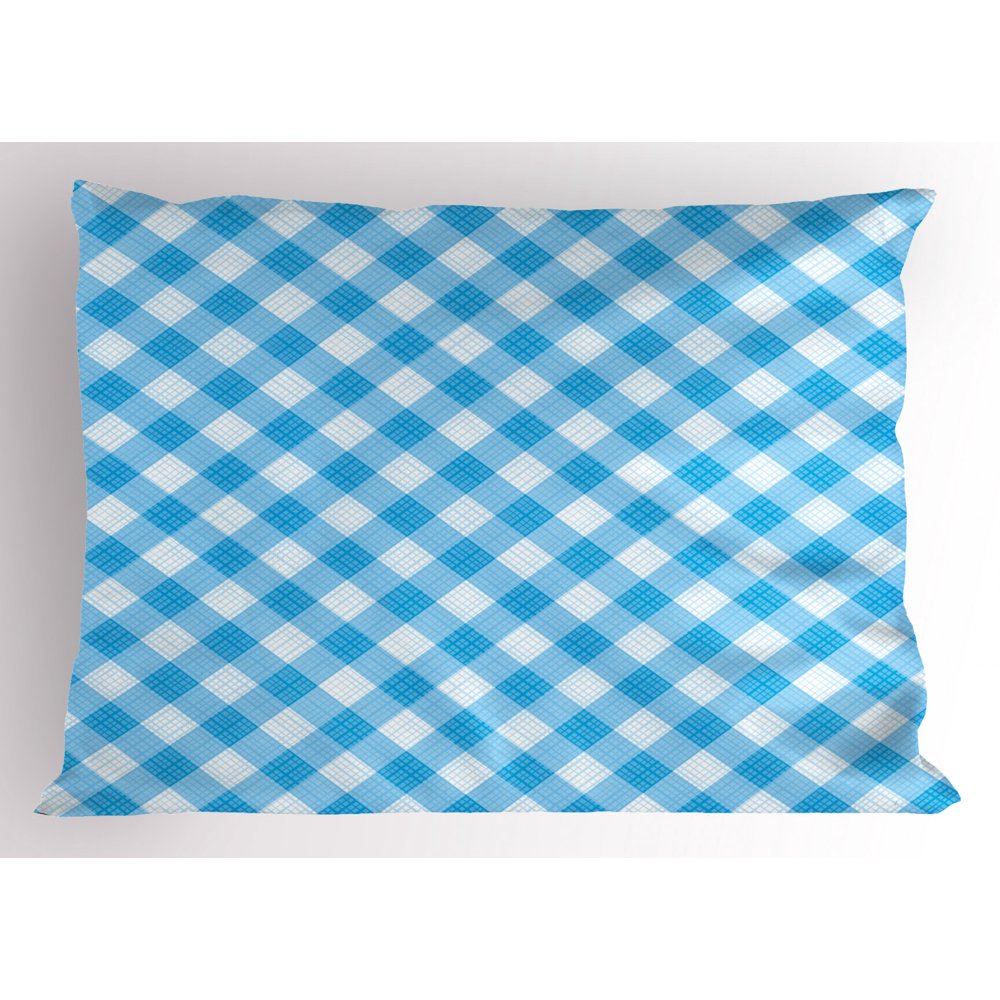 Checkered Pillow Sham Blue and White Gingham Fabric Texture Image