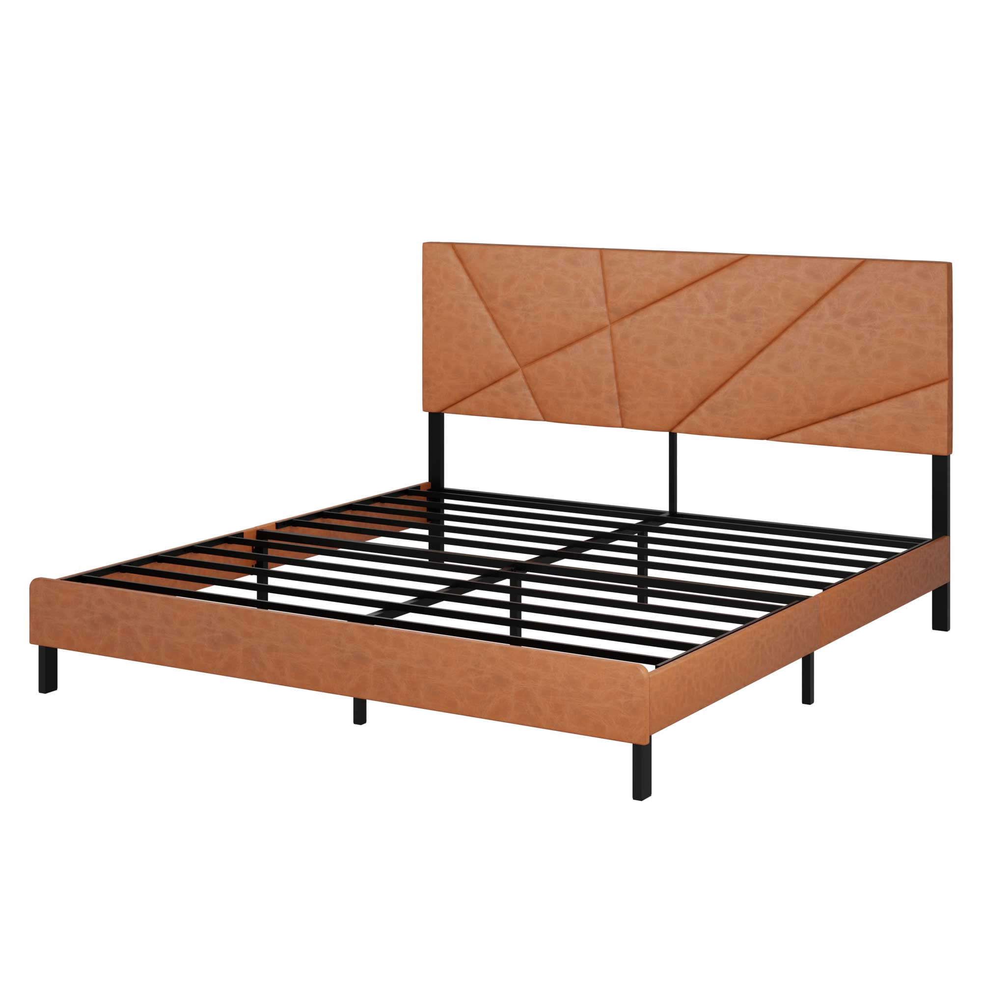 King size metal bed frame, square platform bed with under-bed storage, no spring-loaded mattress required, vintage brown