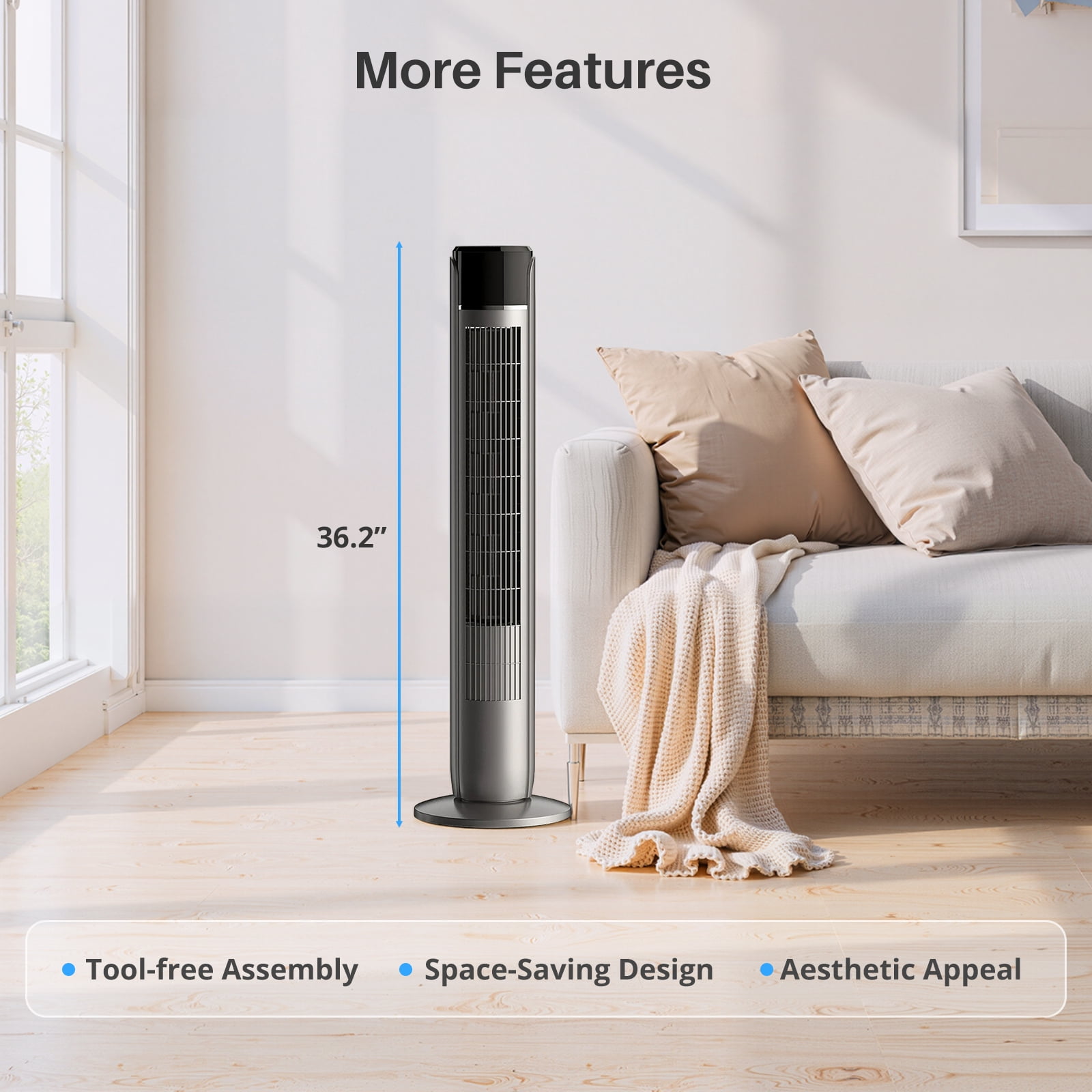 Tower Fan for Home, 36" Standing Floor Fan with Remote, Bladeless Fan Cold Air Quiet, 5 Speeds, 4 Modes, LED Display, Gray